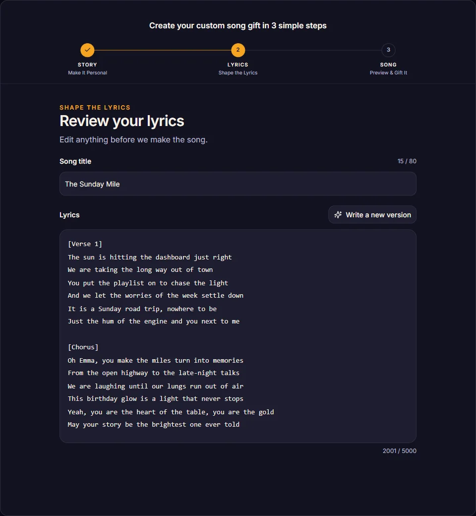 Reviewing personalized lyrics with a wife’s name woven into the song.