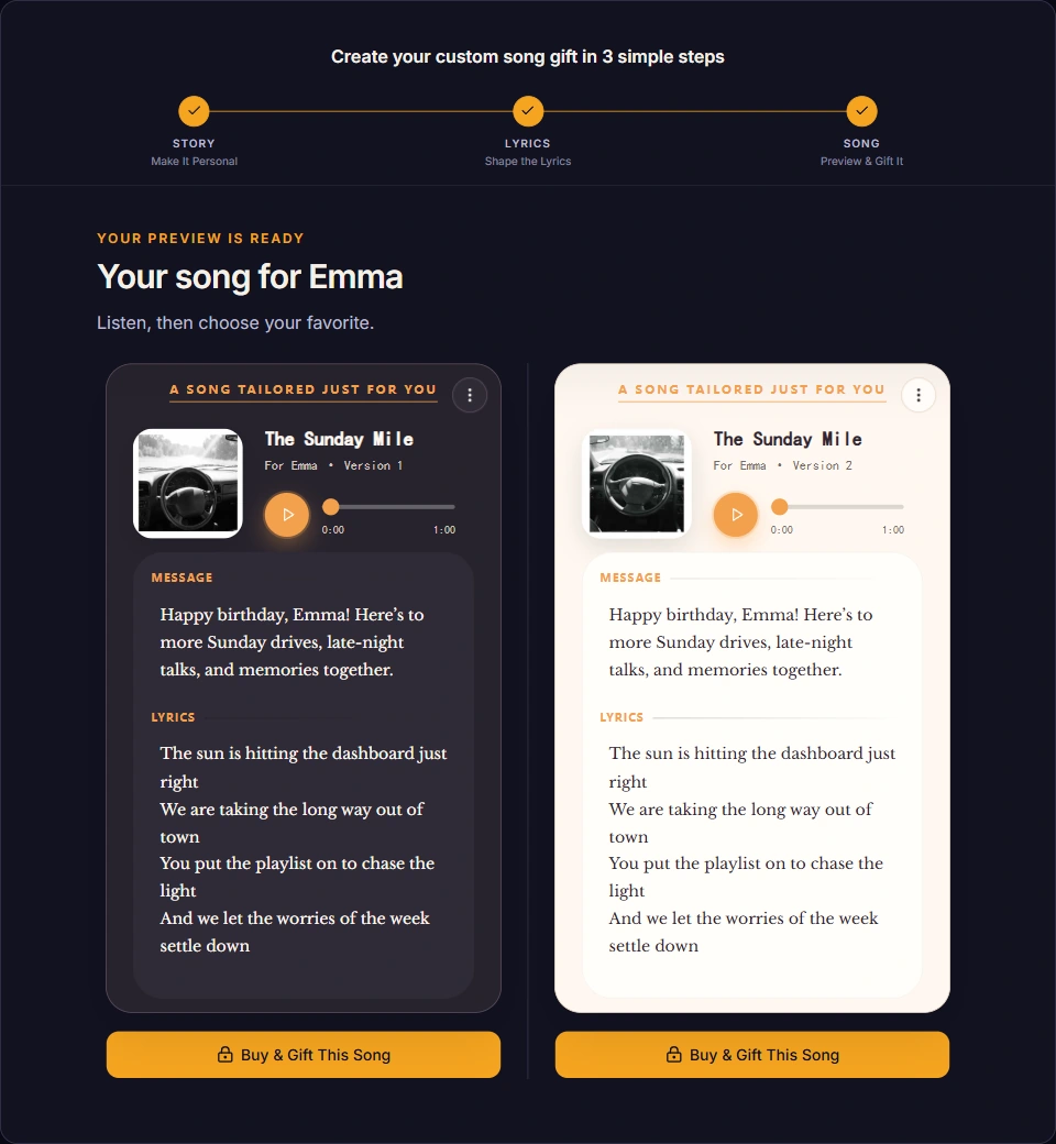 Completed third step with dark and light versions of The Sunday Mile for Emma and purchase buttons.