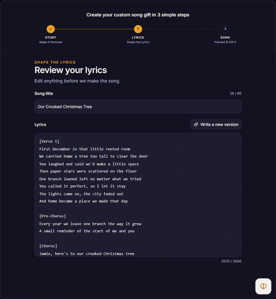 Reviewing lyrics for Our Crooked Christmas Tree, a song about Jamie and Alex’s first Christmas.