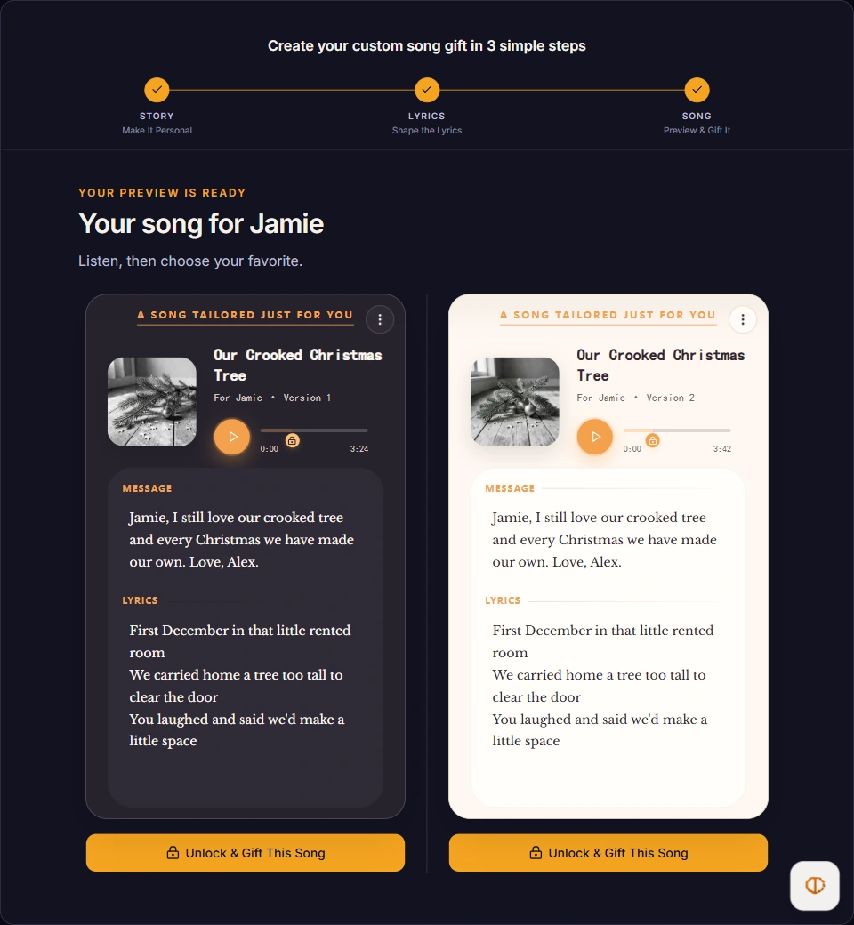 Completed song creation step showing two versions of Our Crooked Christmas Tree for Jamie.