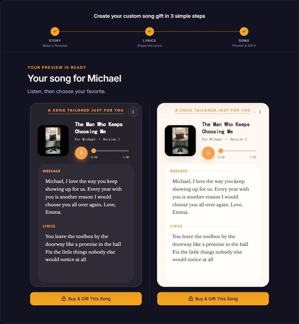 Completed third step showing two themes of The Man Who Keeps Choosing Me for Michael, with purchase buttons.
