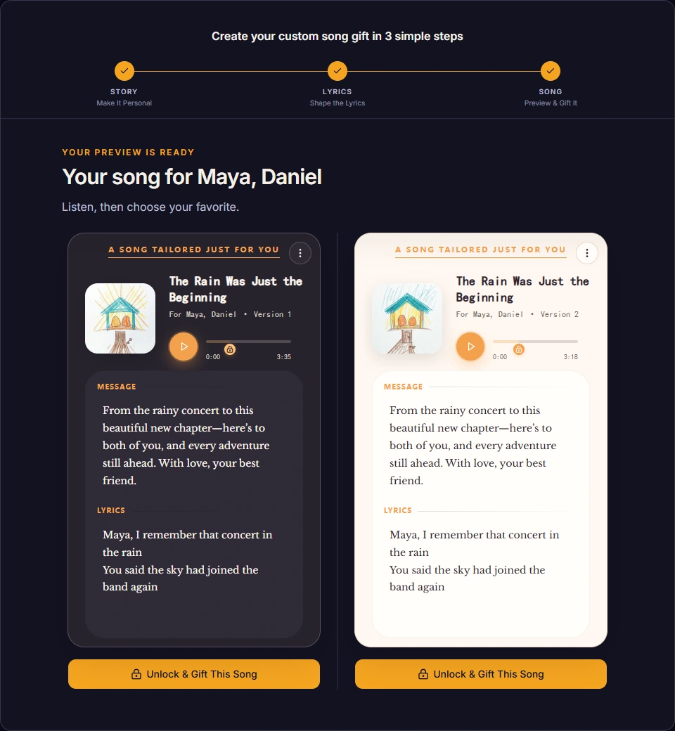 Completed 1–2–3 progress and both dark and light result cards for Maya and Daniel’s wedding song