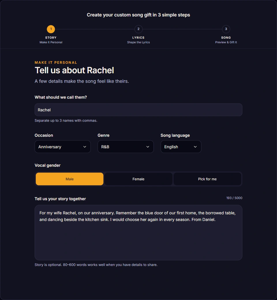 Rachel’s name, anniversary memories, R&B style, and male vocal preference in the creation form.