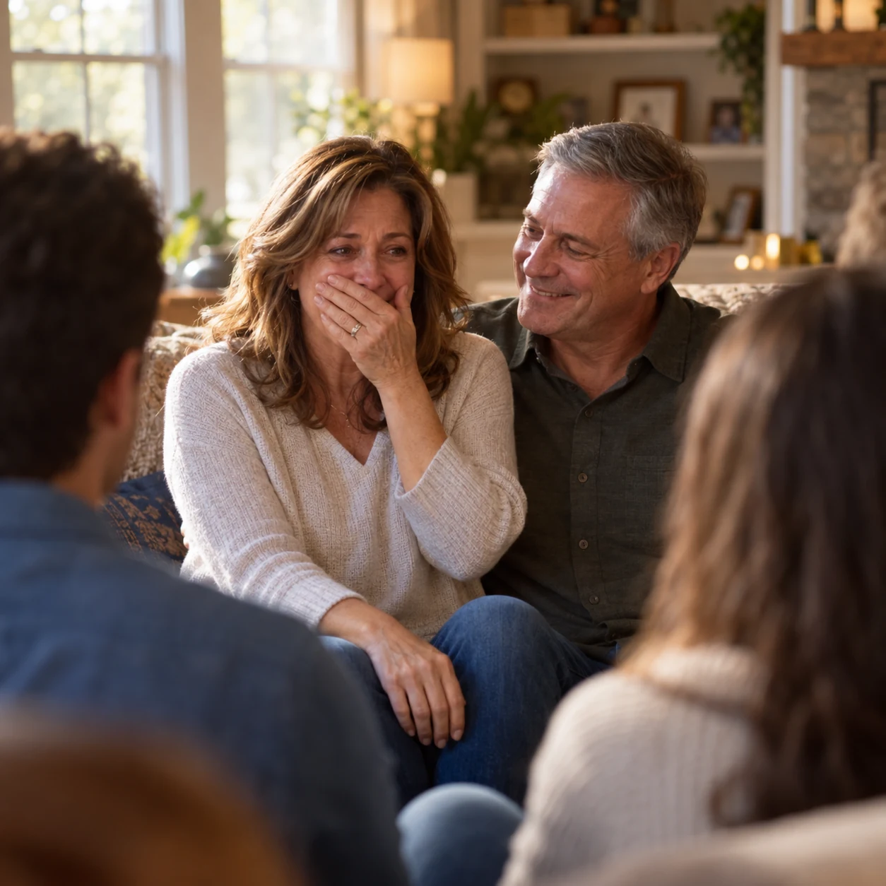 A long-married couple feeling emotional while hearing a 25th anniversary song from their children