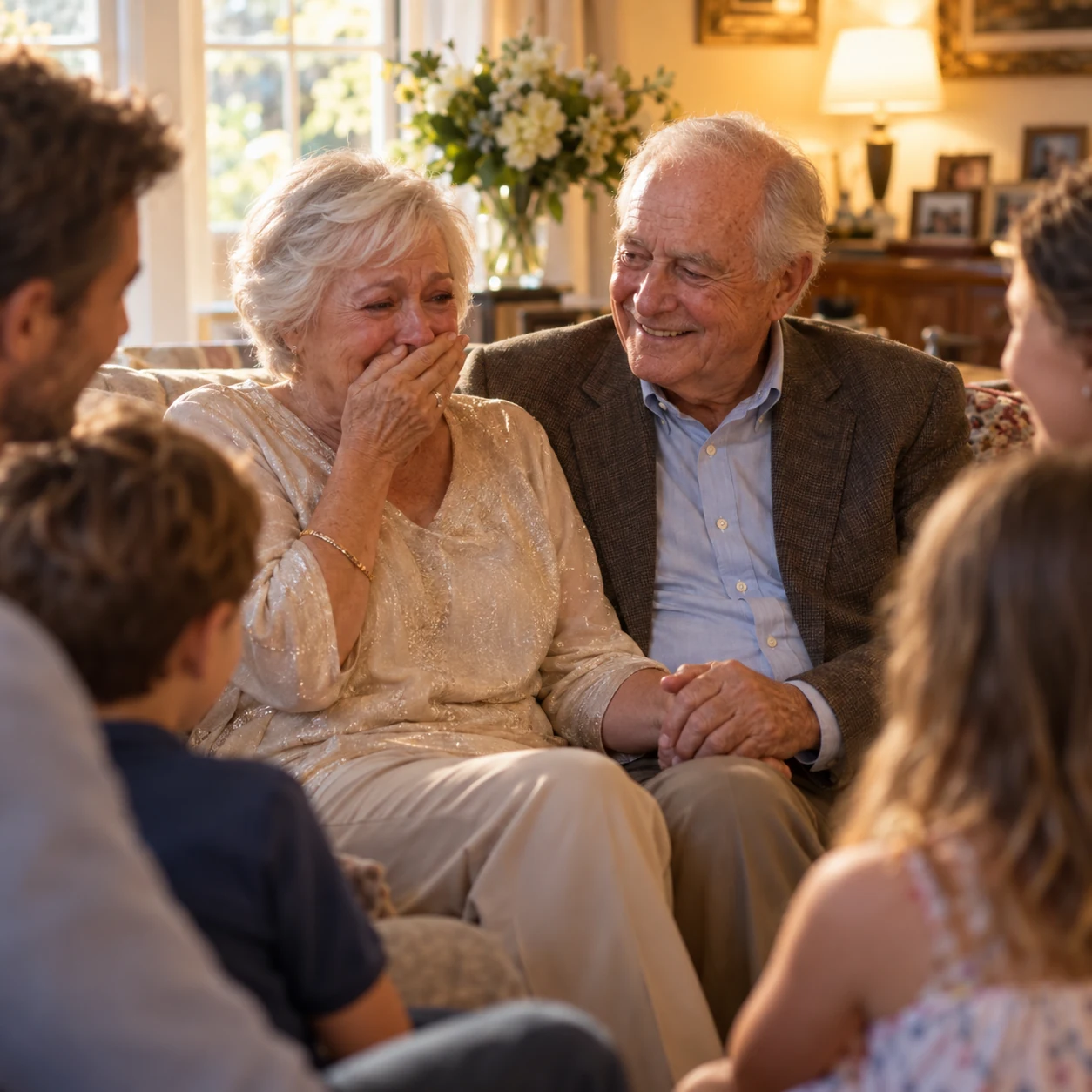 A golden-anniversary couple feeling emotional while hearing a song from their family