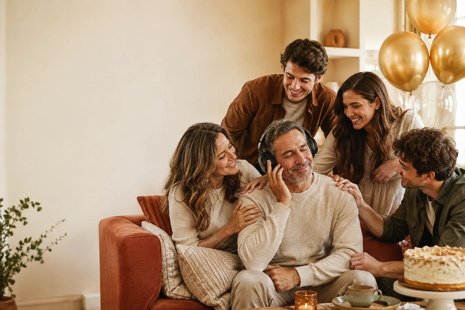 A father listening to his birthday song with his family