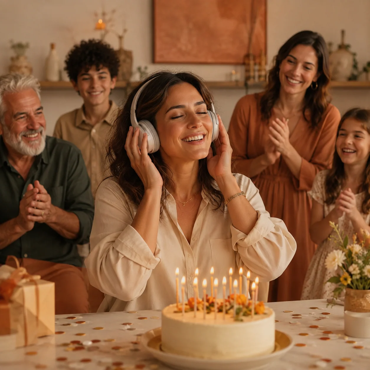 A family listening together to a personalized birthday song