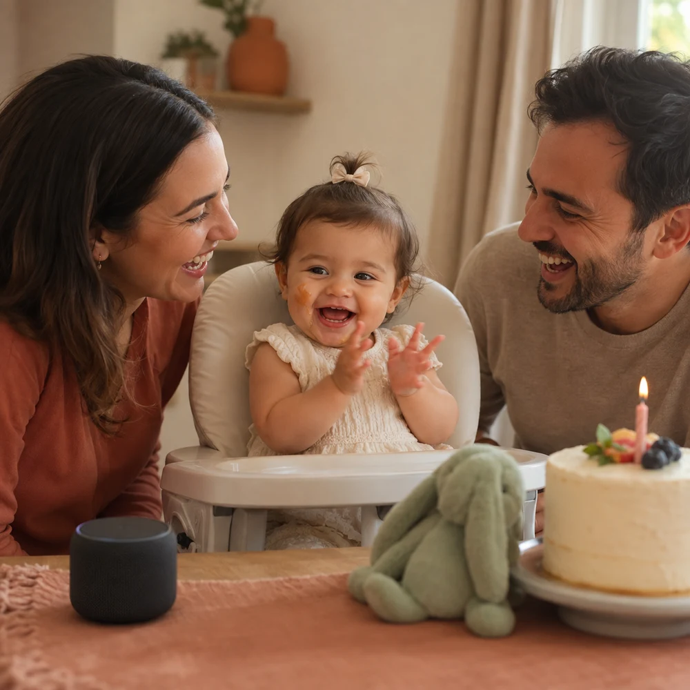 Illustration of one-year-old Lucy giggling and clapping with her parents at her first birthday