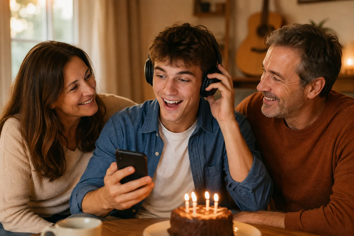 An eighteen-year-old son smiling as his parents give him a birthday song