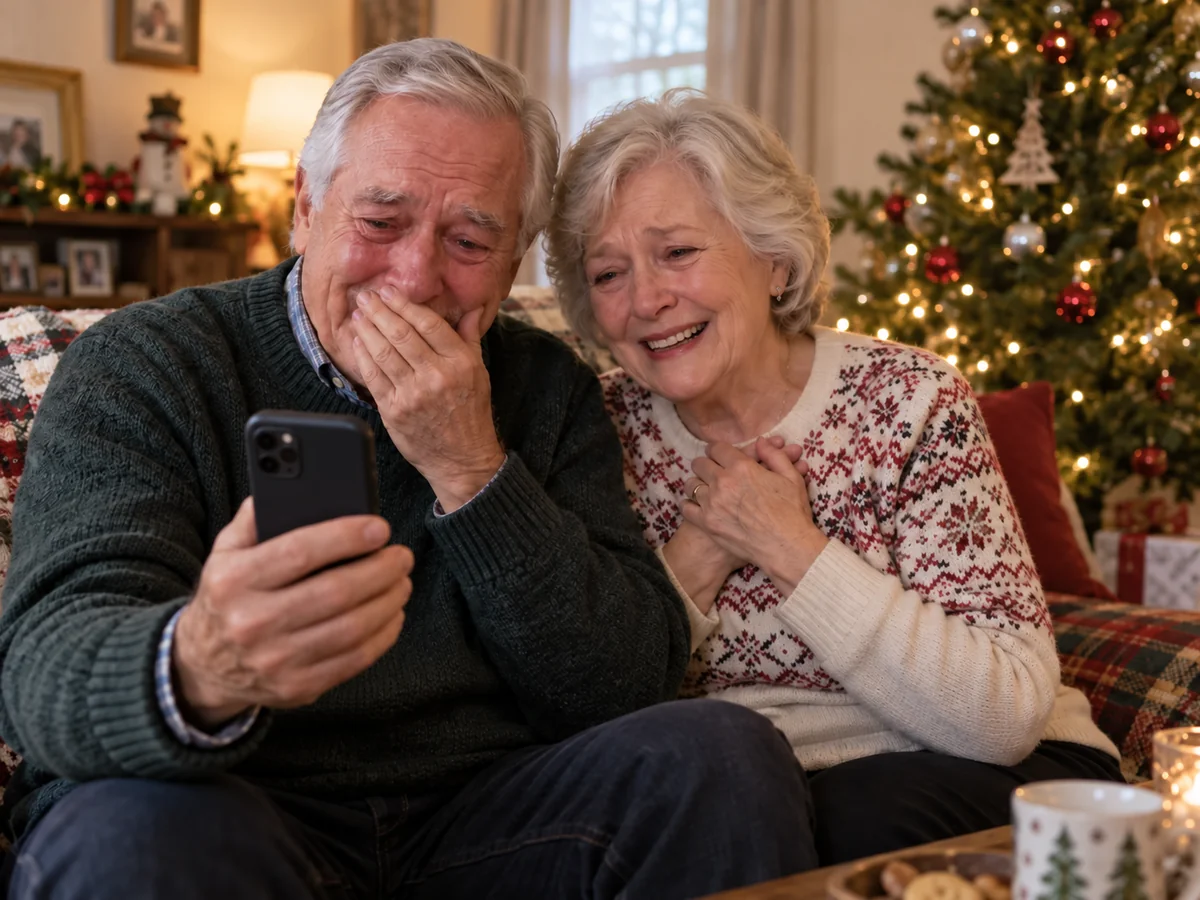 Grandparents smile through tears while listening to a Christmas song gift together at home