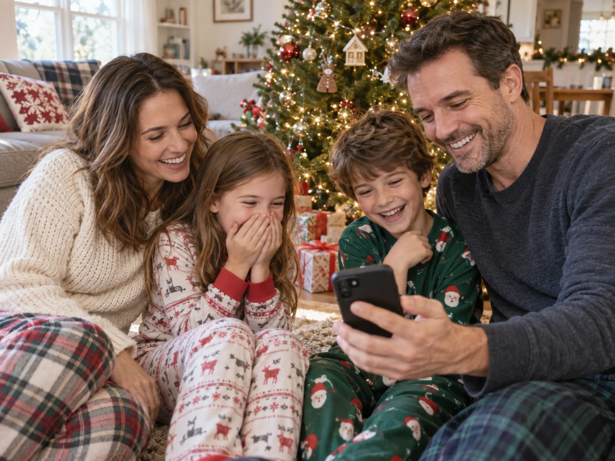 Two children giggling as their family listens to a Christmas song gift