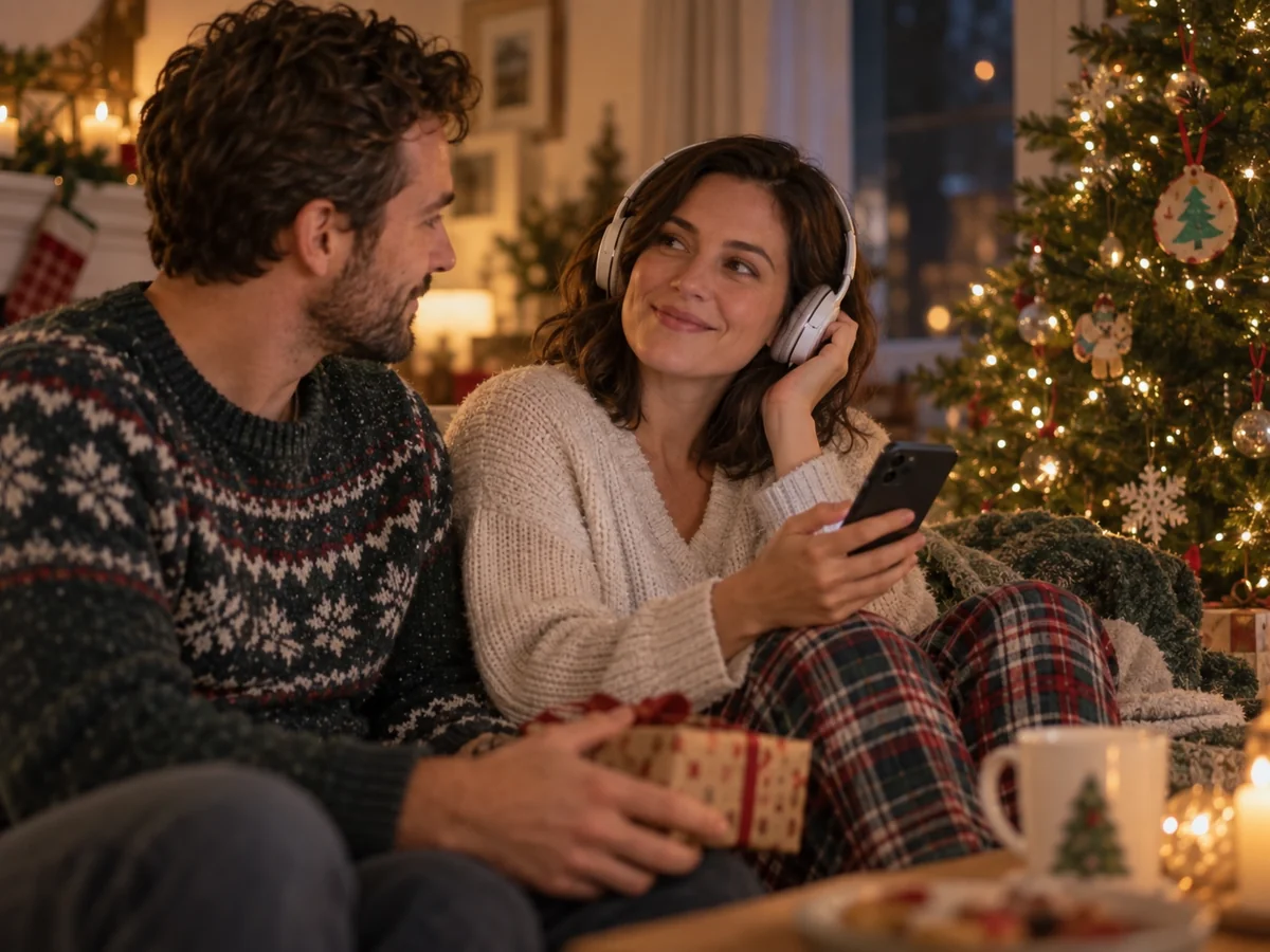 A partner smiling warmly while listening to a Christmas song gift at home