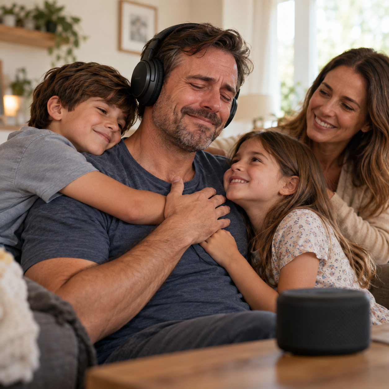 A father surrounded by his family while listening to a Father’s Day song