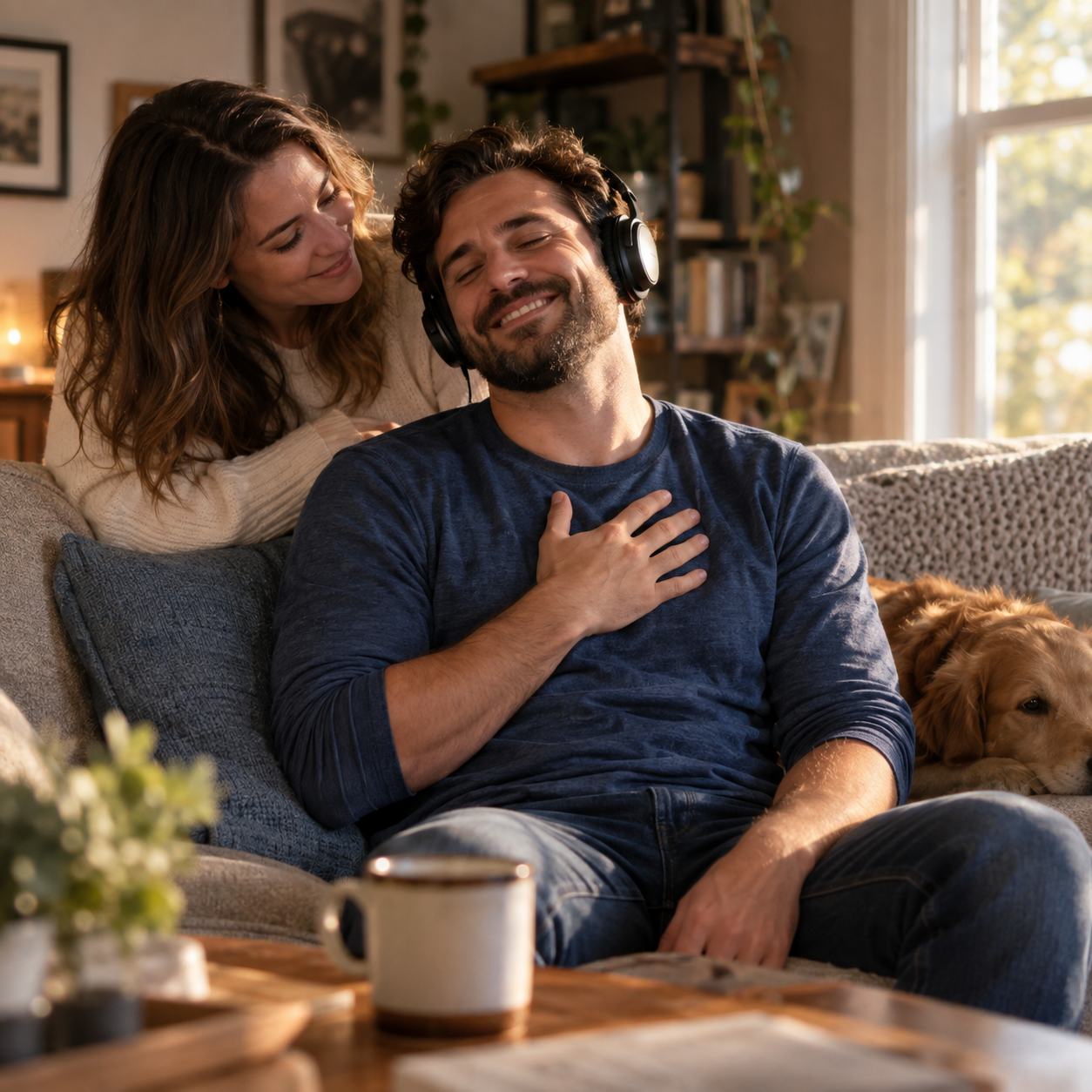 A husband happily listening to a personalized song gift from his wife