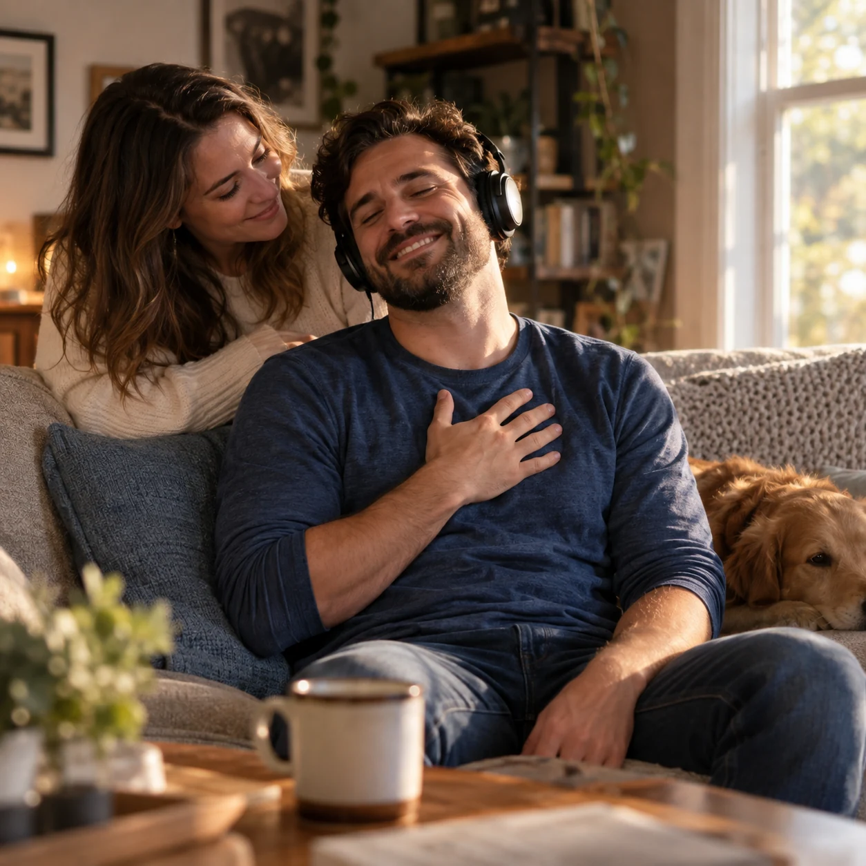 A man smiling with his hand over his heart as he listens to a finished love song gift.