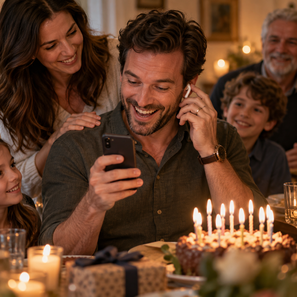 A younger husband laughing with his family while listening to a personalized birthday song on his phone