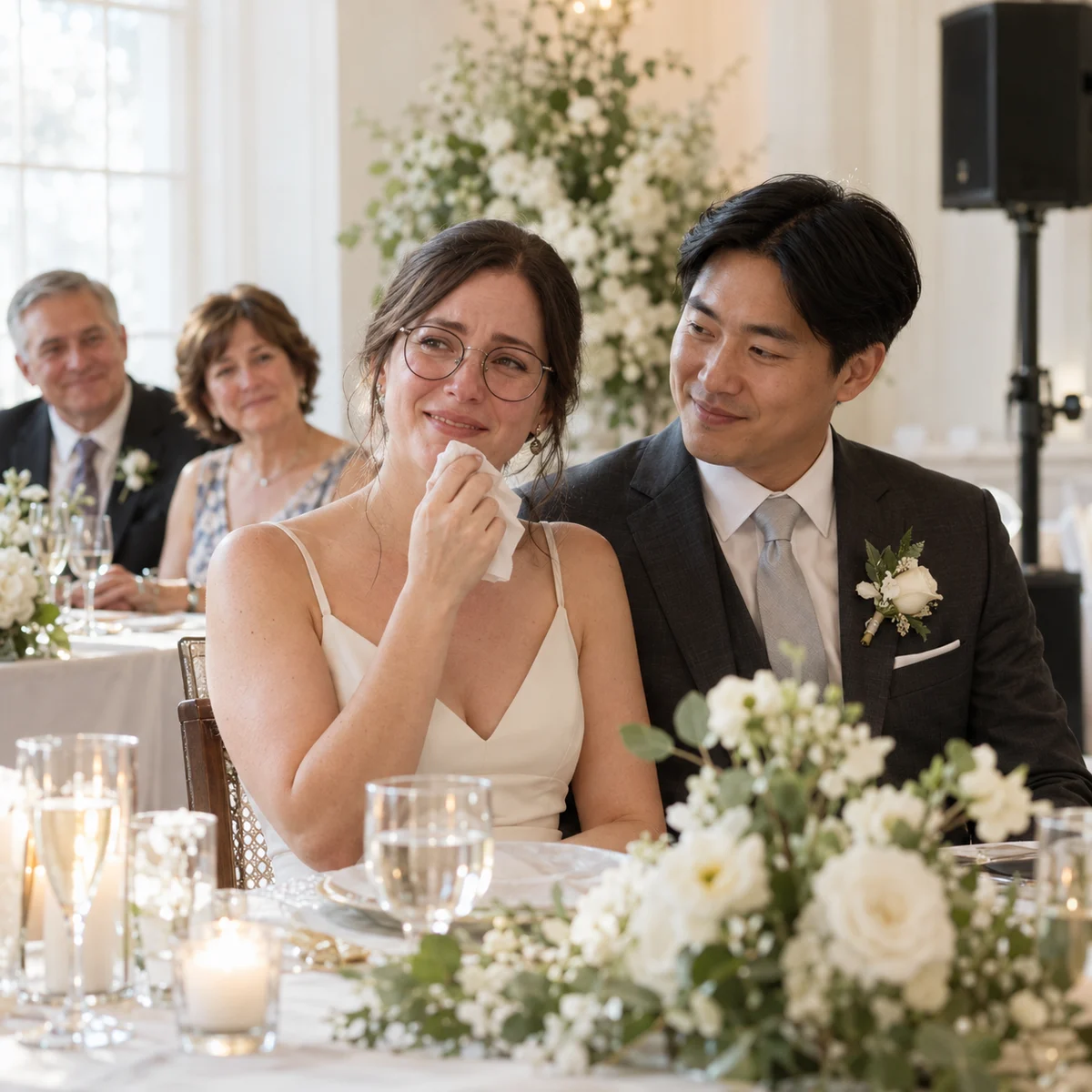 Emma and Noah moved by a song blessing from her parents at their wedding reception