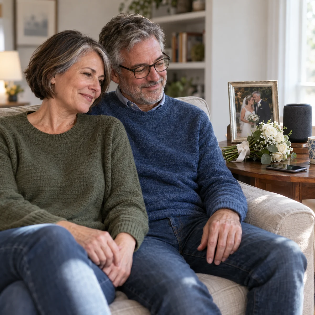 Grace and Thomas quietly replaying their wedding song gift together at home after the celebration