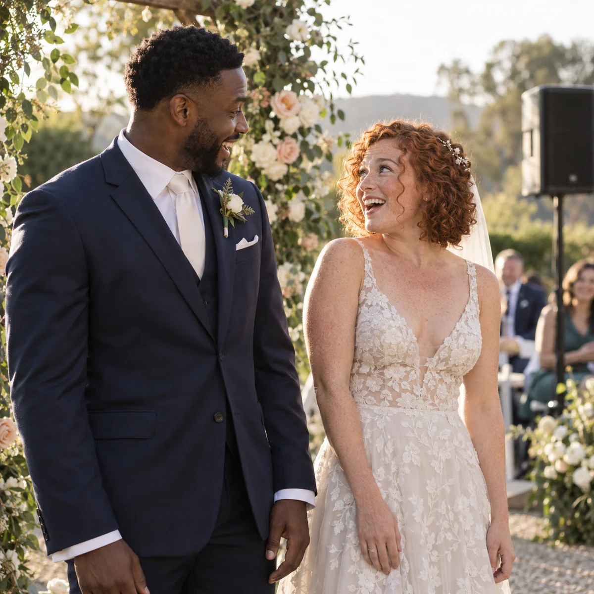 Newlyweds smiling in joyful surprise as their gift song plays at their garden wedding