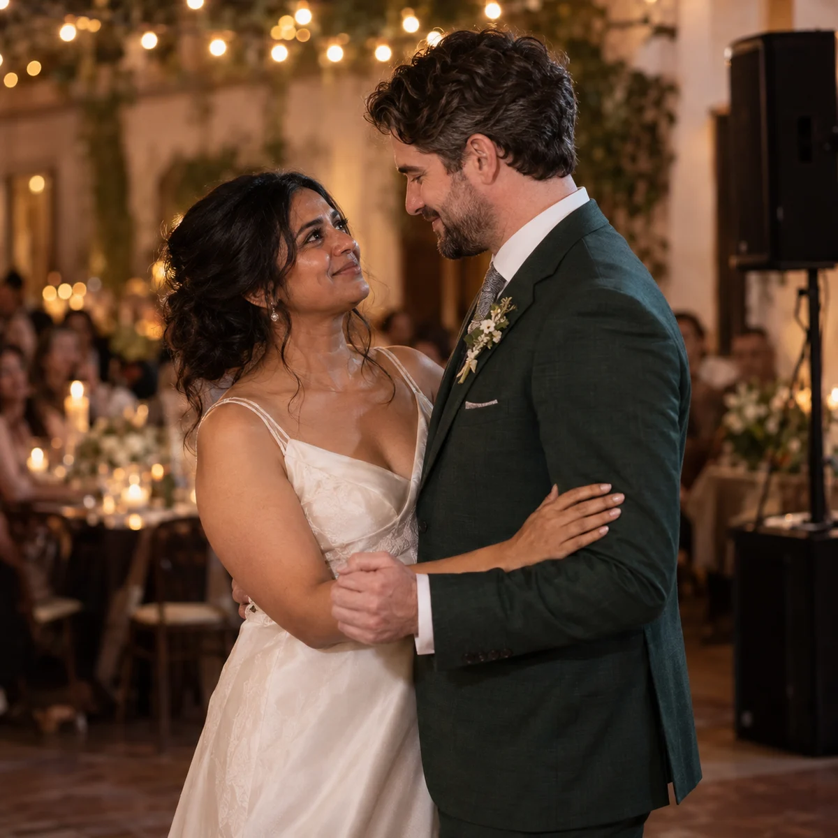 Priya and Sam sharing a tender first dance as their love-story song plays at the wedding reception