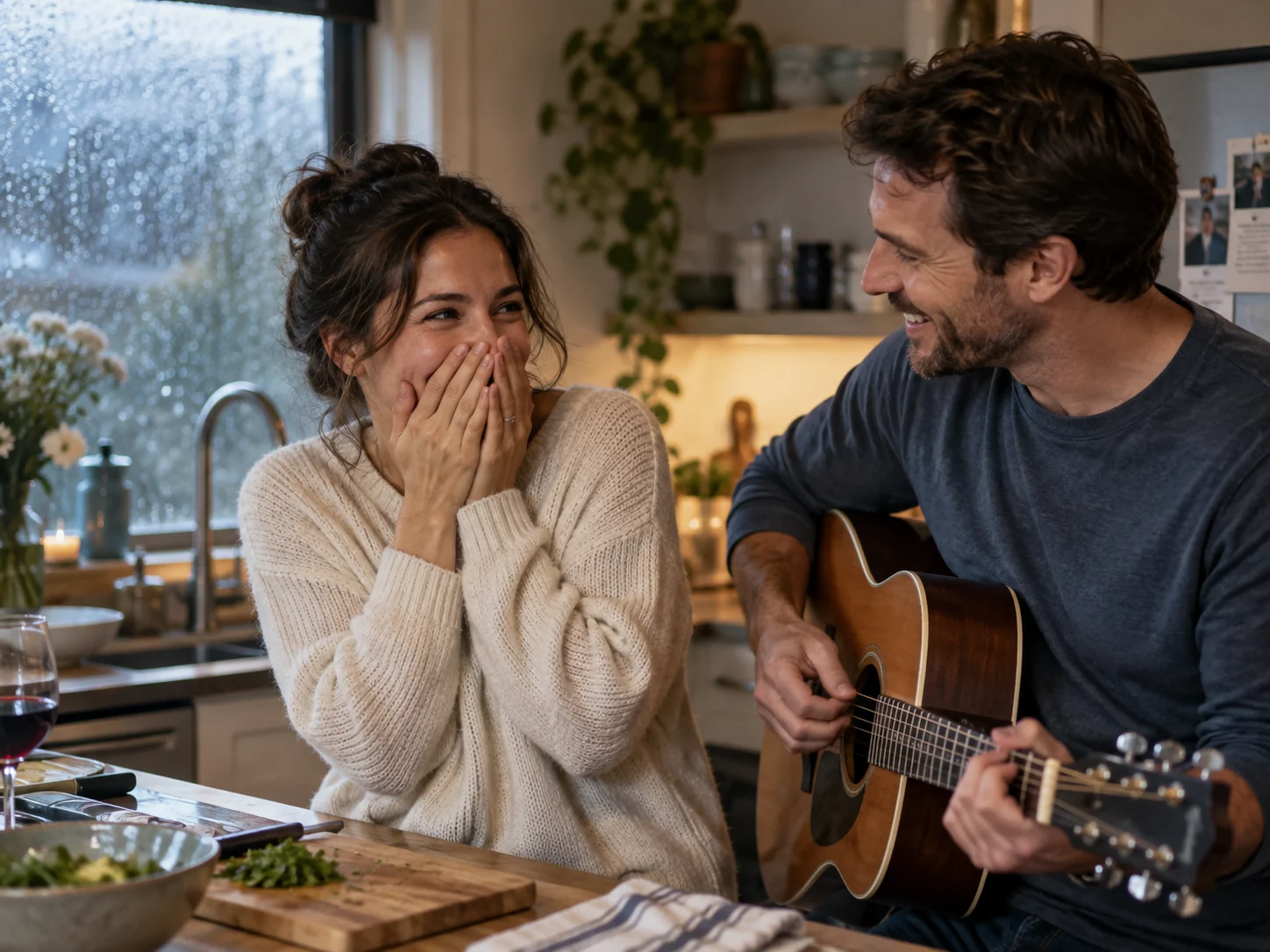 A wife laughing with her husband after an unexpected just-because song