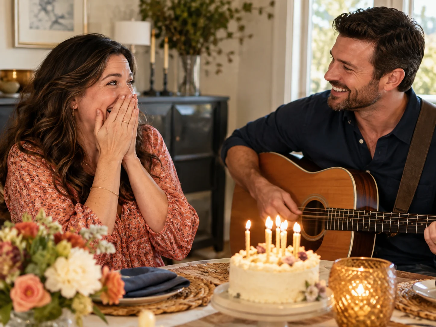 A wife laughing with surprise as her husband plays her birthday song