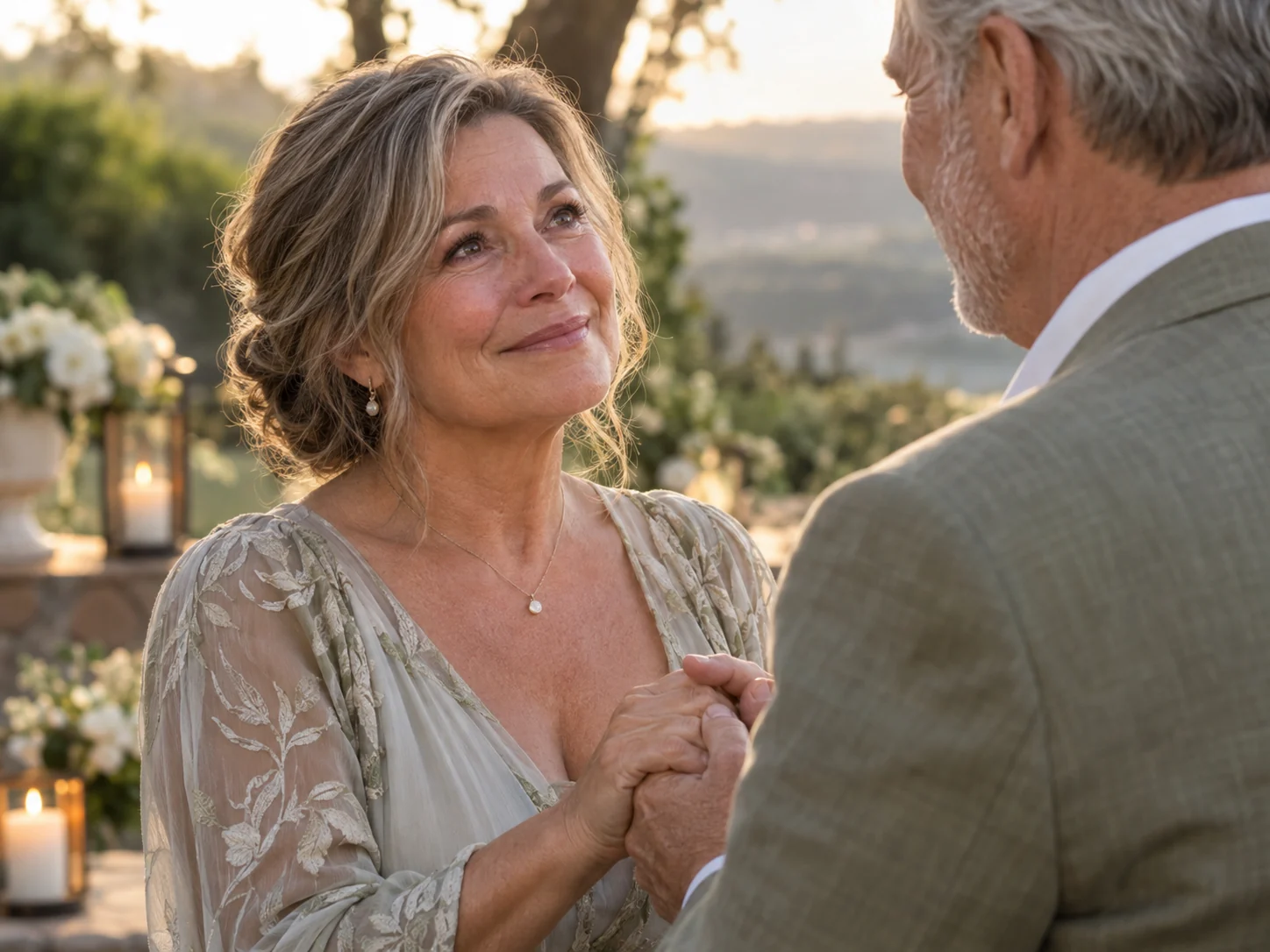 A mature wife holding her husband’s hands, deeply moved by their vow-renewal song